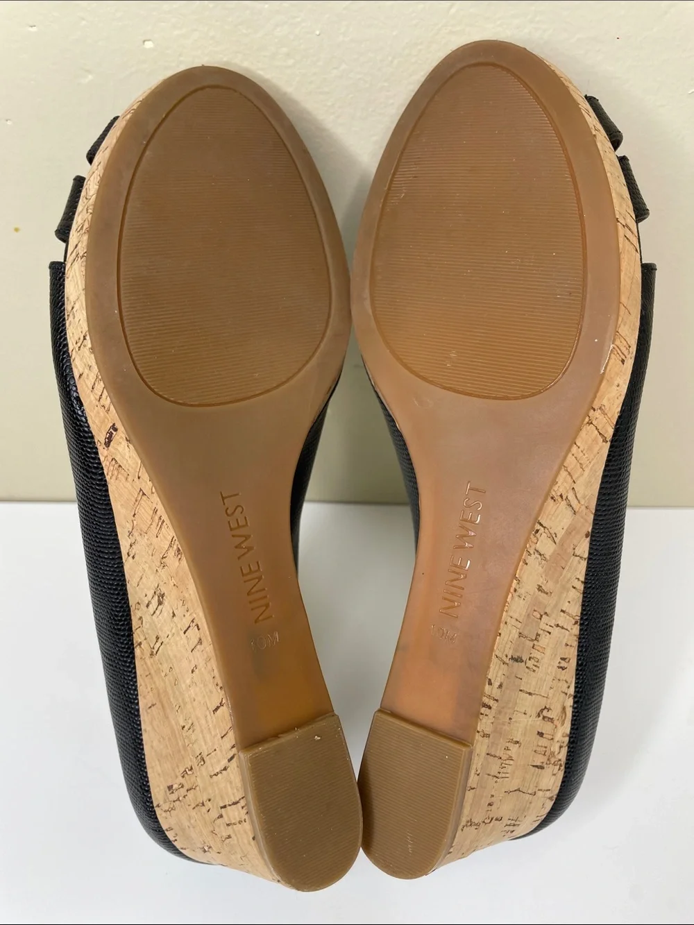 NINE WEST Black Pebble Leather JELICA Open-Toe Cork Wedge Pumps 10
